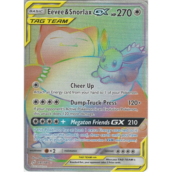 SM09 Team Up - Eevee & Snorlax GX TAG TEAM - 191/181 - Rare Rainbow Ca - Recaptured LTD SM09 Team Up - Eevee & Snorlax GX TAG TEAM - 191/181 - Rare Rainbow Ca - Recaptured LTD