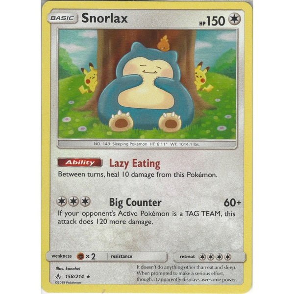 Snorlax - 158/214 - Rare Holo Card - SM10 Unbroken Bonds - Recaptured LTD Snorlax - 158/214 - Rare Holo Card - SM10 Unbroken Bonds - Recaptured LTD