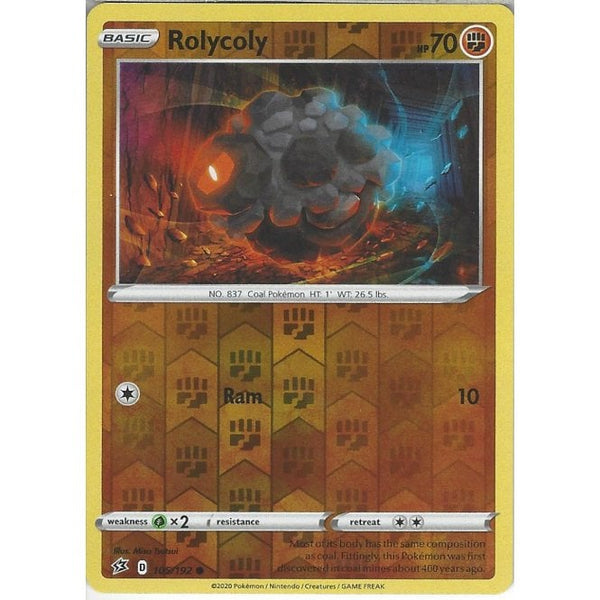 105/192 Rolycoly Common Reverse Holo Card Pokemon Sword & Shield Rebel Clash - Recaptured LTD