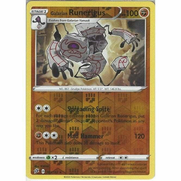 102/192 Galarian Runerigus Rare Reverse Holo Card Sword &amp;amp; Shield Rebel Clash - Recaptured LTD