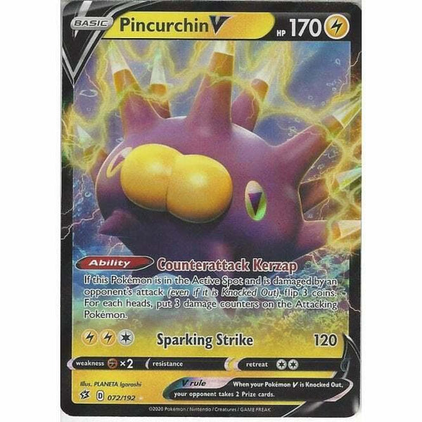 072/192 Pincurchin V Rare Holo V Card Pokemon Sword & Shield Rebel Clash - Recaptured LTD