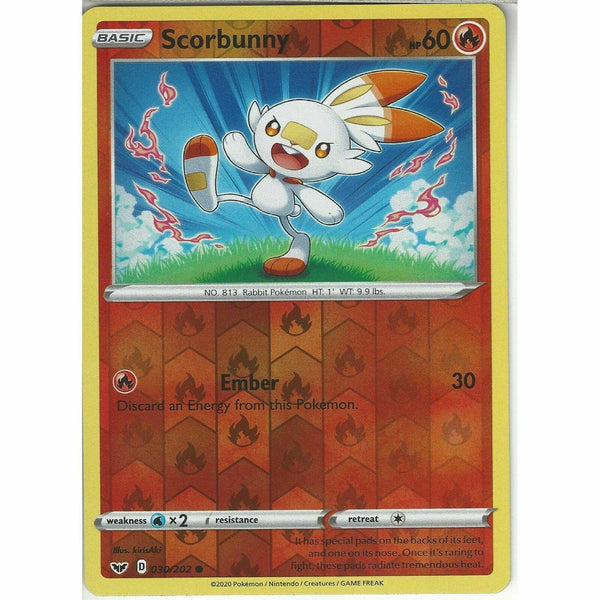 030/202 Scorbunny | Common Reverse Holo Card Pokemon TCG Sword &amp;amp; Shield Base Set - Recaptured LTD
