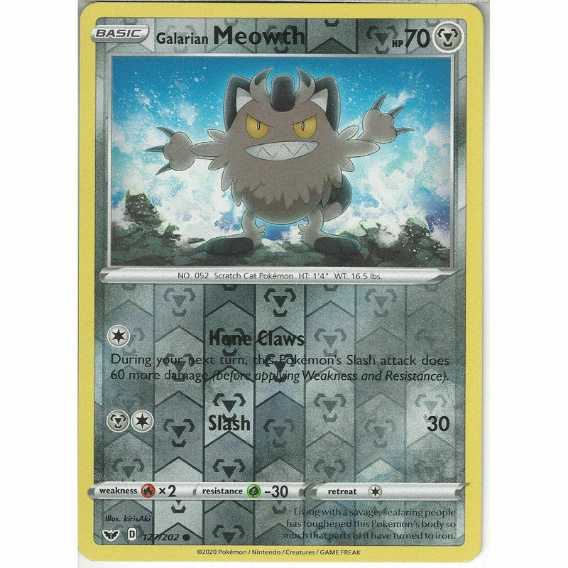 127/202 Galarian Meowth Common Reverse Holo Card Pokemon Sword &am - Recaptured LTD 127/202 Galarian Meowth Common Reverse Holo Card Pokemon Sword &am - Recaptured LTD