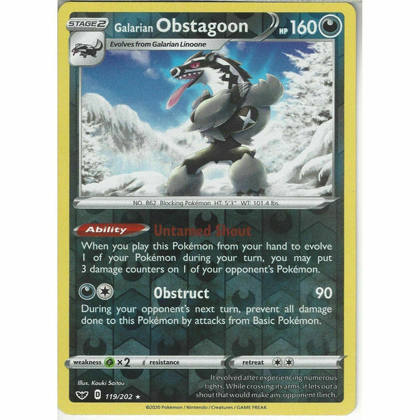 119/202 Galarian Obstagoon | Rare Reverse Holo | Pokemon Sword &amp;amp; Shield Base Set - Recaptured LTD