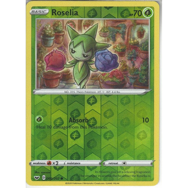 Pokemon Trading Card Game 002/202 Roselia | Common Reverse Holo Card | Sword &amp; Shield (Base Set)