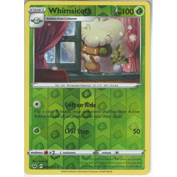 Pokemon Trading Card Game 006/202 Whimsicott | Rare Reverse Holo Card | Sword &amp; Shield (Base Set)