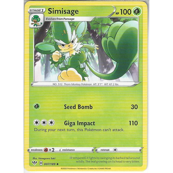 Pokemon Trading Card Game 007/189 Simisage | Uncommon Card | SWSH-03 Darkness Ablaze