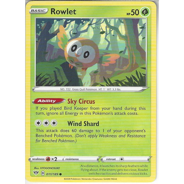 Pokemon Trading Card Game 011/189 Rowlet | Common Card | SWSH-03 Darkness Ablaze