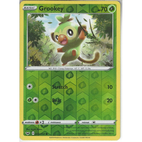 Pokemon Trading Card Game 011/202 Grookey | Common Reverse Holo Card | Sword &amp; Shield (Base Set)