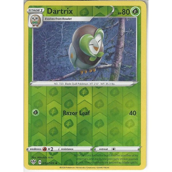 Pokemon Trading Card Game 012/189 Dartrix | Uncommon Reverse Holo Card | SWSH-03 Darkness Ablaze
