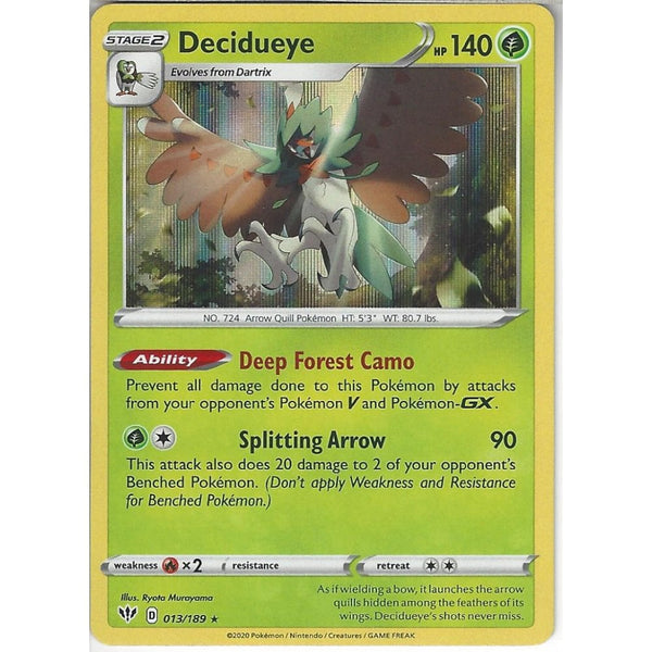 Pokemon Trading Card Game 013/189 Decidueye | Rare Holo Card | SWSH-03 Darkness Ablaze