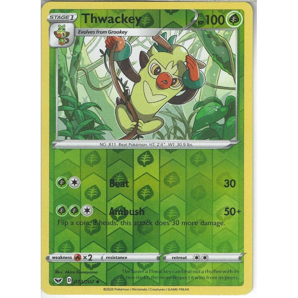 Pokemon Trading Card Game 013/202 Thwackey | Uncommon Reverse Holo Card | Sword &amp; Shield (Base Set)