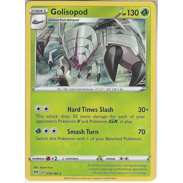 Pokemon Trading Card Game 018/189 Golisopod | Rare Holo Card | SWSH-03 Darkness Ablaze