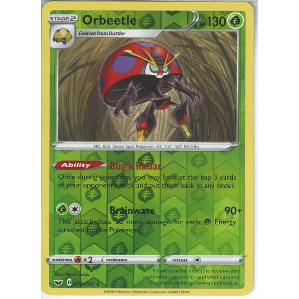 Pokemon Trading Card Game 019/202 Orbeetle | Rare Reverse Holo Card | Sword &amp; Shield (Base Set)