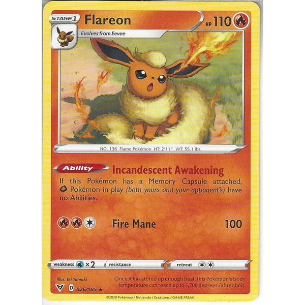 Pokemon Trading Card Game 026/185 Flareon | Rare Card | SWSH-04 Vivid Voltage