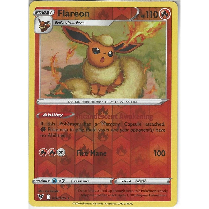 Pokemon Trading Card Game 026/185 Flareon | Rare Reverse Holo Card | SWSH-04 Vivid Voltage