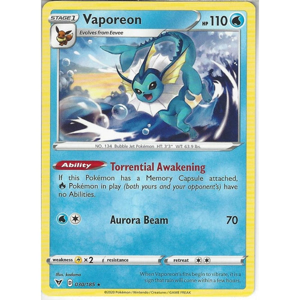 Pokemon Trading Card Game 030/185 Vaporeon | Rare Card | SWSH-04 Vivid Voltage
