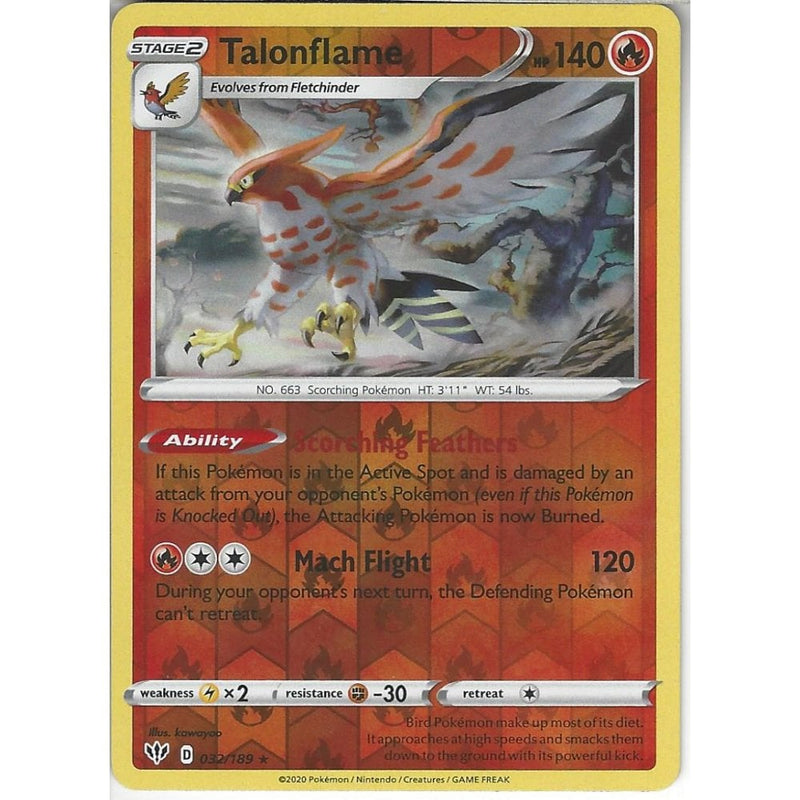 032/189 Talonflame | Rare Reverse Holo Card | SWSH-03 Darkness Ablaze - Recaptured LTD 032/189 Talonflame | Rare Reverse Holo Card | SWSH-03 Darkness Ablaze - Recaptured LTD