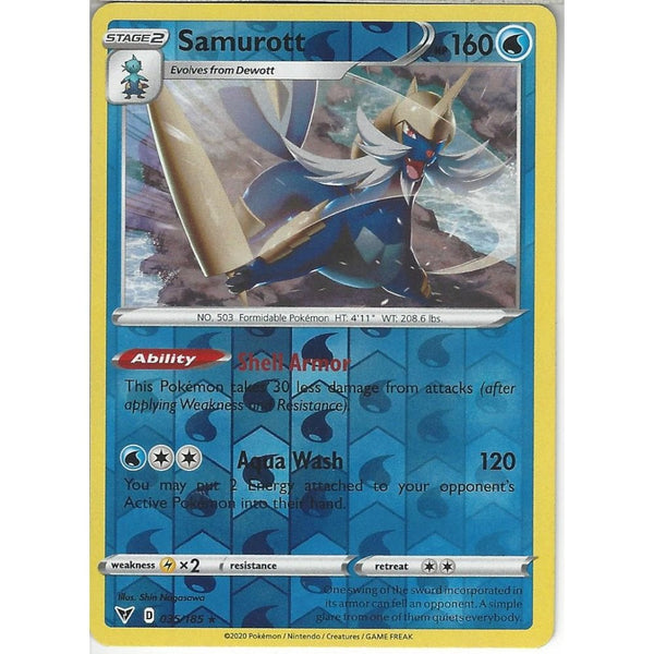 Pokemon Trading Card Game 035/185 Samurott | Rare Reverse Holo Card | SWSH-04 Vivid Voltage