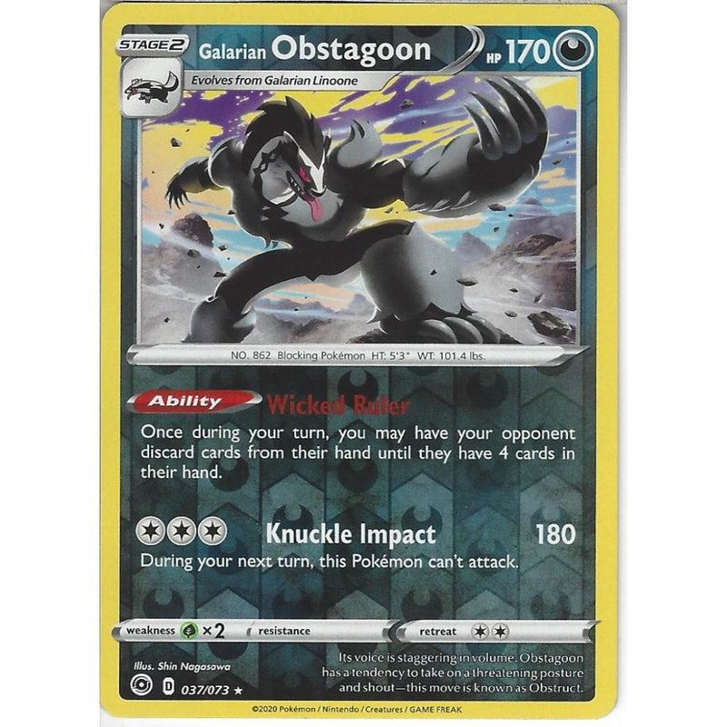 Pokemon Trading Card Game 037/073 Galarian Obstagoon | Rare Reverse Holo Card | SWSH3.5 Champion's Path