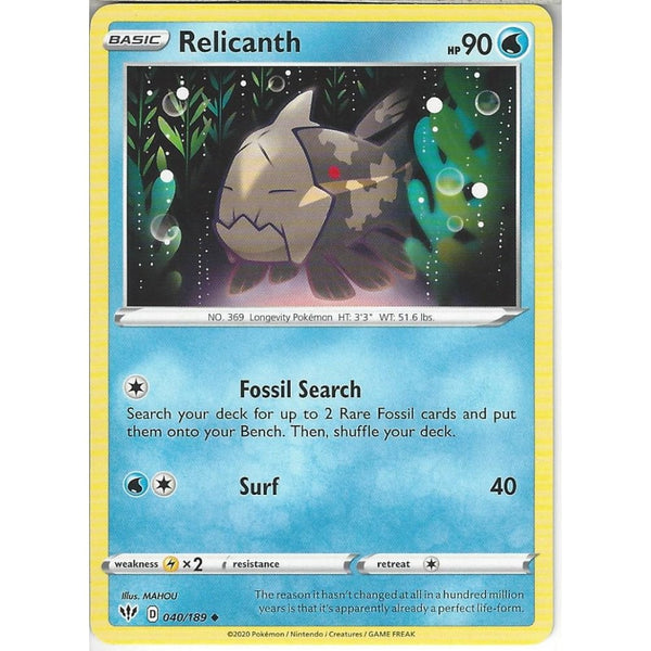 Pokemon Trading Card Game 040/189 Relicanth | Uncommon Card | SWSH-03 Darkness Ablaze