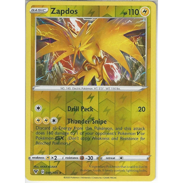 Pokemon Trading Card Game 048/185 Zapdos | Rare Reverse Holo Card | SWSH-04 Vivid Voltage