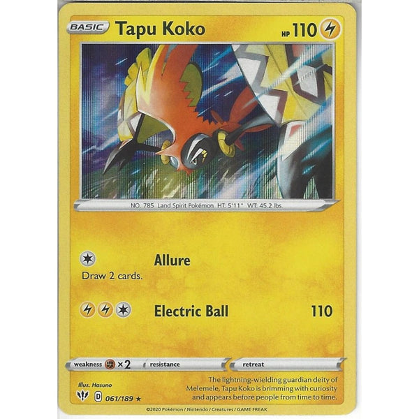 Pokemon Trading Card Game 061/189 Tapu Koko | Rare Holo Card | SWSH-03 Darkness Ablaze