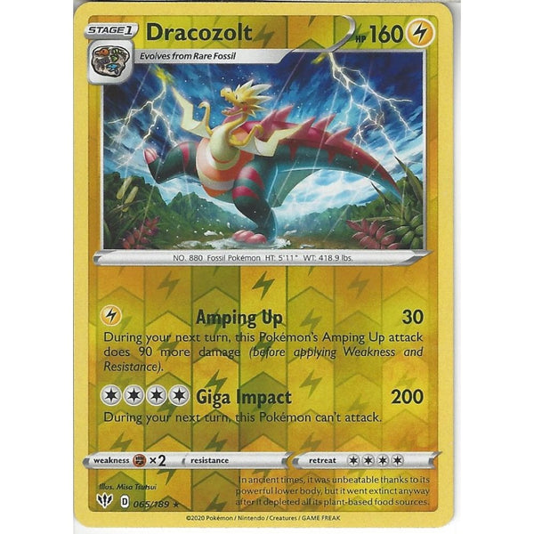 Pokemon Trading Card Game 065/189 Dracozolt | Rare Reverse Holo Card | SWSH-03 Darkness Ablaze