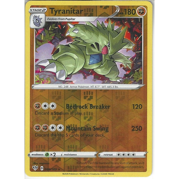 Pokemon Trading Card Game 088/189 Tyranitar | Rare Reverse Holo Card | SWSH-03 Darkness Ablaze