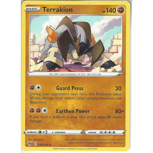 Pokemon Trading Card Game 092/185 Terrakion | Rare Card | SWSH-04 Vivid Voltage