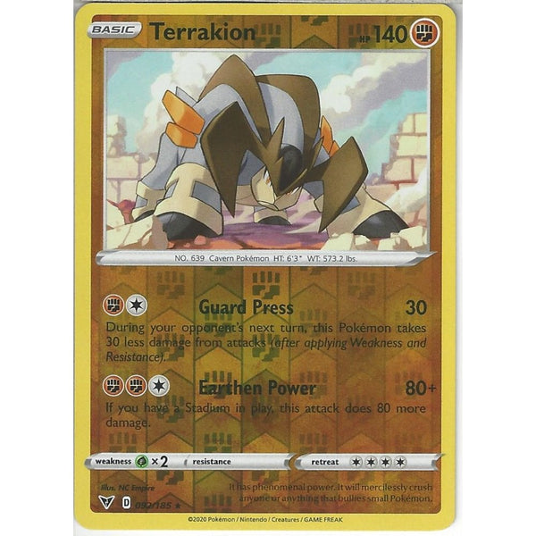 Pokemon Trading Card Game 092/185 Terrakion | Rare Reverse Holo Card | SWSH-04 Vivid Voltage