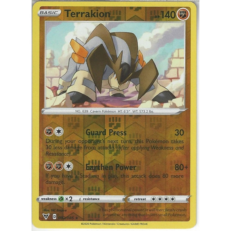 Pokemon Trading Card Game 092/185 Terrakion | Rare Reverse Holo Card | SWSH-04 Vivid Voltage