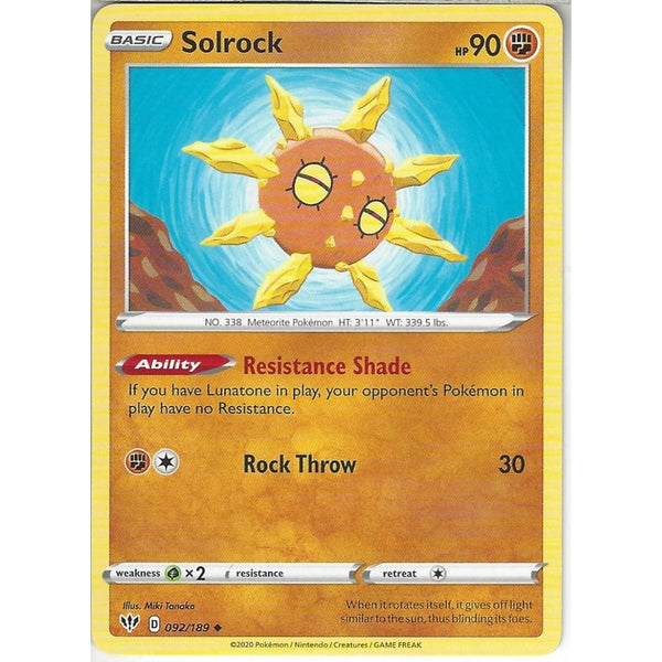 Pokemon Trading Card Game 092/189 Solrock | Uncommon Card | SWSH-03 Darkness Ablaze