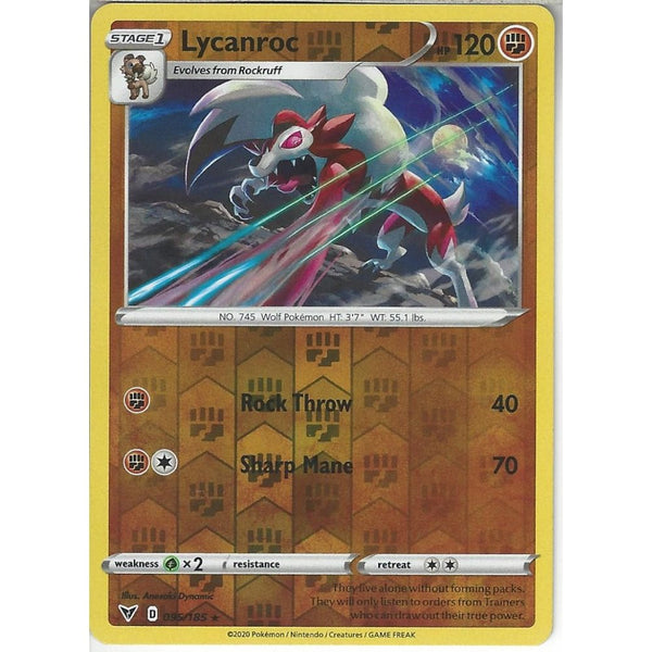 Pokemon Trading Card Game 095/185 Lycanroc | Rare Reverse Holo Card | SWSH-04 Vivid Voltage
