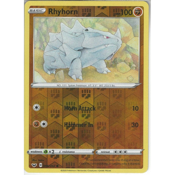 Pokemon Trading Card Game 096/202 Rhyhorn | Common Reverse Holo Card | Sword &amp; Shield (Base Set)