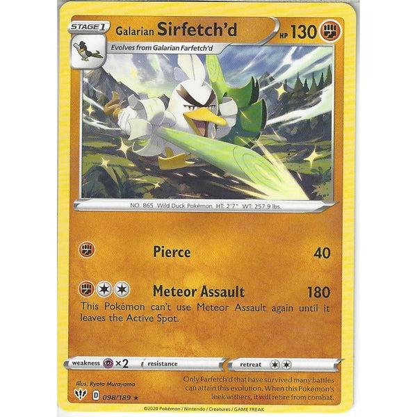 sirfetch'd pokemon card 098/189 Galarian | Rare | SWSH-03 Darkness Ablaze Style:Summon: Primal Odin MEW [Colorless][Colorless] Eldrazi Confluence