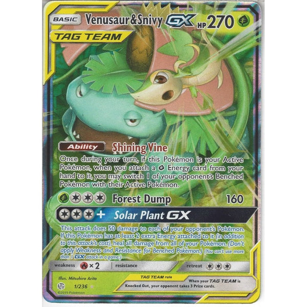 Pokemon Trading Card Game 1/236 Venusaur &amp; Snivy TAG TEAM GX | Rare Holo GX Card | SM12 Cosmic Eclipse