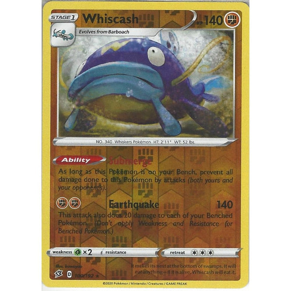 Pokemon Trading Card Game 100/192 Whiscash | Rare Reverse Holo Card | Sword &amp; Shield Rebel Clash