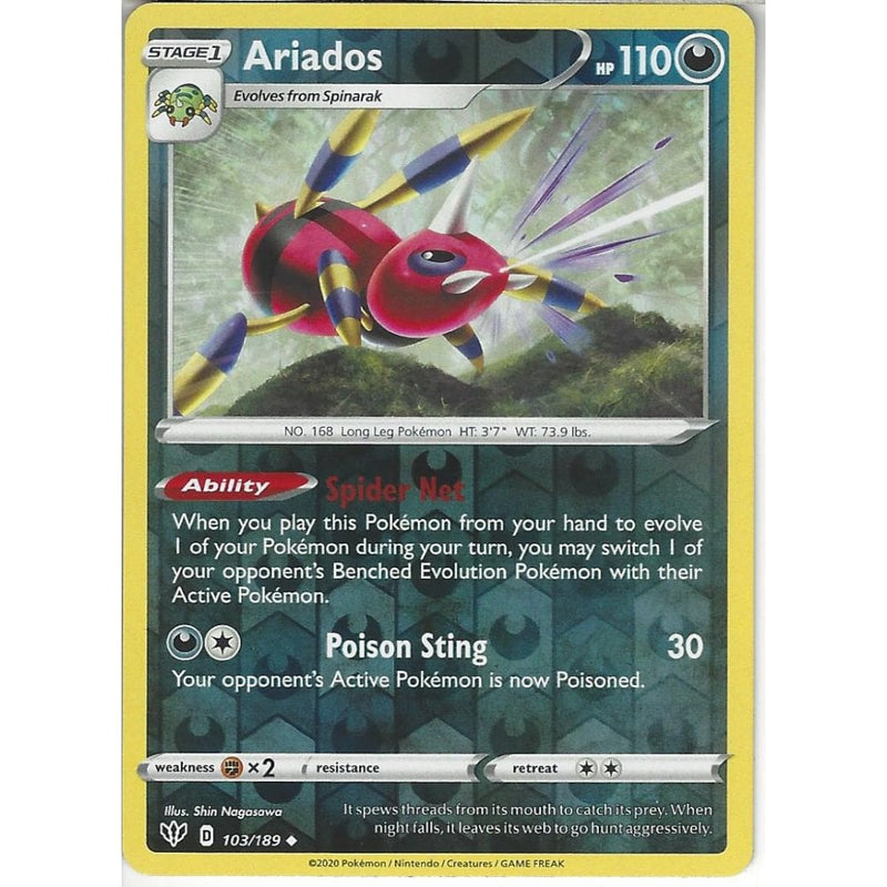 103/189 Ariados | Uncommon Reverse Holo Card | SWSH-03 Darkness Ablaze - Recaptured LTD 103/189 Ariados | Uncommon Reverse Holo Card | SWSH-03 Darkness Ablaze - Recaptured LTD
