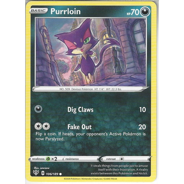 Pokemon Trading Card Game 106/189 Purrloin | Common Card | SWSH-03 Darkness Ablaze