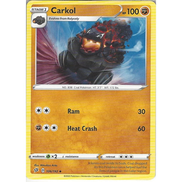 Pokemon Trading Card Game 106/192 Carkol | Uncommon Card | Sword &amp; Shield Rebel Clash