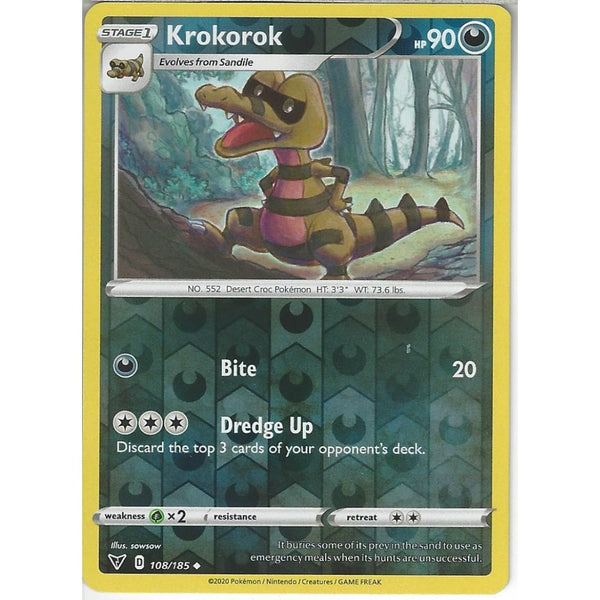 Pokemon Trading Card Game 108/185 Krokorok | Uncommon Reverse Holo Card | SWSH-04 Vivid Voltage