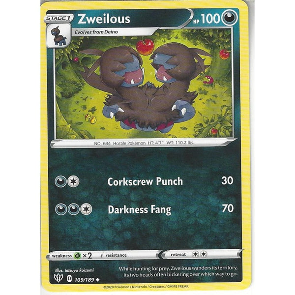 Pokemon Trading Card Game 109/189 Zweilous | Uncommon Card | SWSH-03 Darkness Ablaze