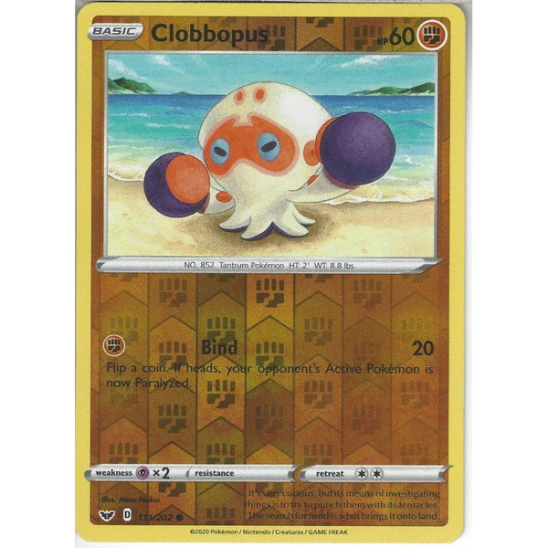 Pokemon Trading Card Game 111/202 Clobbopus | Common Reverse Holo Card | Sword &amp; Shield (Base Set)