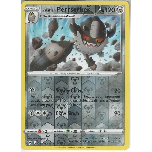 Pokemon Trading Card Game 113/185 Galarian Perrserker | Rare Reverse Holo Card | SWSH-04 Vivid Voltage