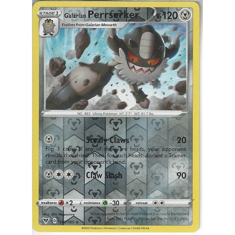 Pokemon Trading Card Game 113/185 Galarian Perrserker | Rare Reverse Holo Card | SWSH-04 Vivid Voltage