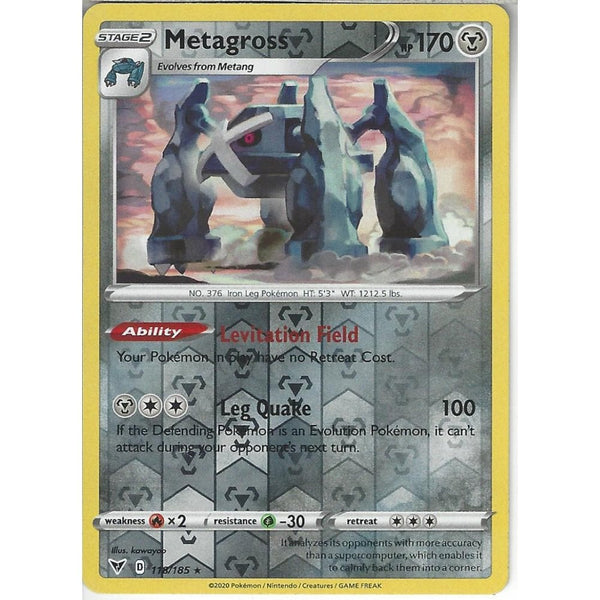 Pokemon Trading Card Game 118/185 Metagross | Rare Reverse Holo Card | SWSH-04 Vivid Voltage