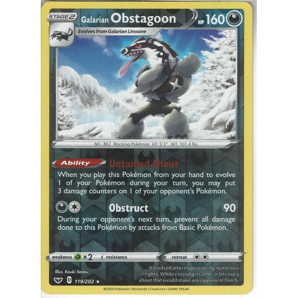 Pokemon Trading Card Game 119/202 Galarian Obstagoon | Rare Reverse Holo Card | Sword &amp; Shield (Base Set)