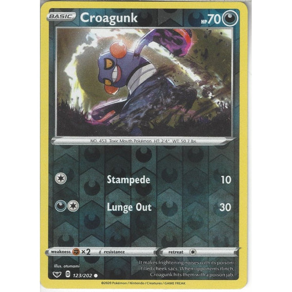 Pokemon Trading Card Game 123/202 Croagunk | Common Reverse Holo Card | Sword &amp; Shield (Base Set)