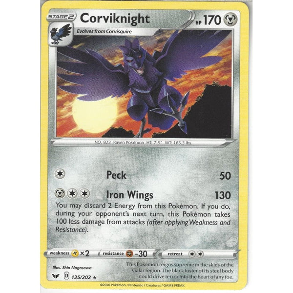 Pokemon Trading Card Game 135/202 Corviknight | Rare Card | Sword &amp; Shield (Base Set)
